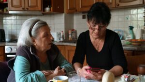 Cuidadora e idosa sentadas a mesa da cozinha, em casa