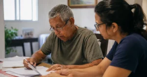 Idoso organizando documentos de doação com o filho ao lado