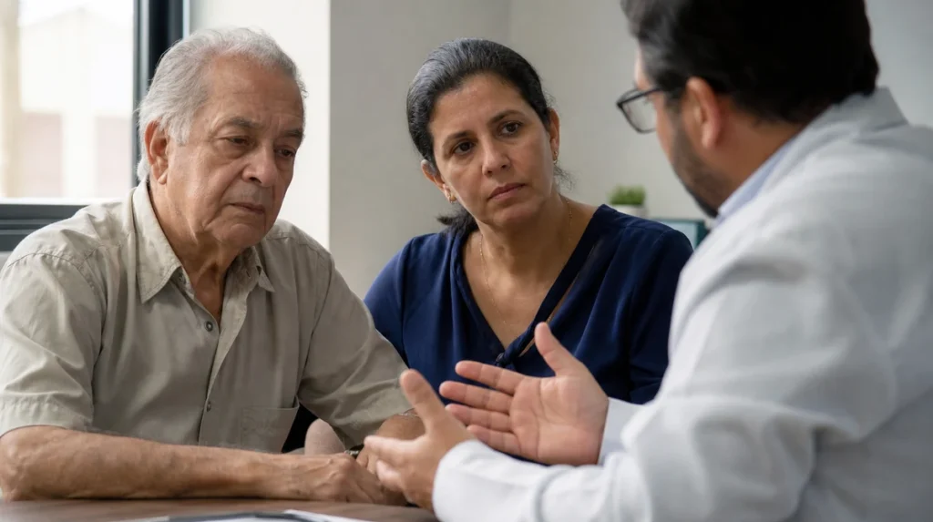 Idoso com demência e a filha em consulta com o geriatra sobre o sono