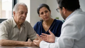 Idoso com demência e a filha em consulta com o geriatra sobre o sono