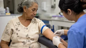 Idosa fazendo exame de sangue no laboratório para dosar a vitamina B12