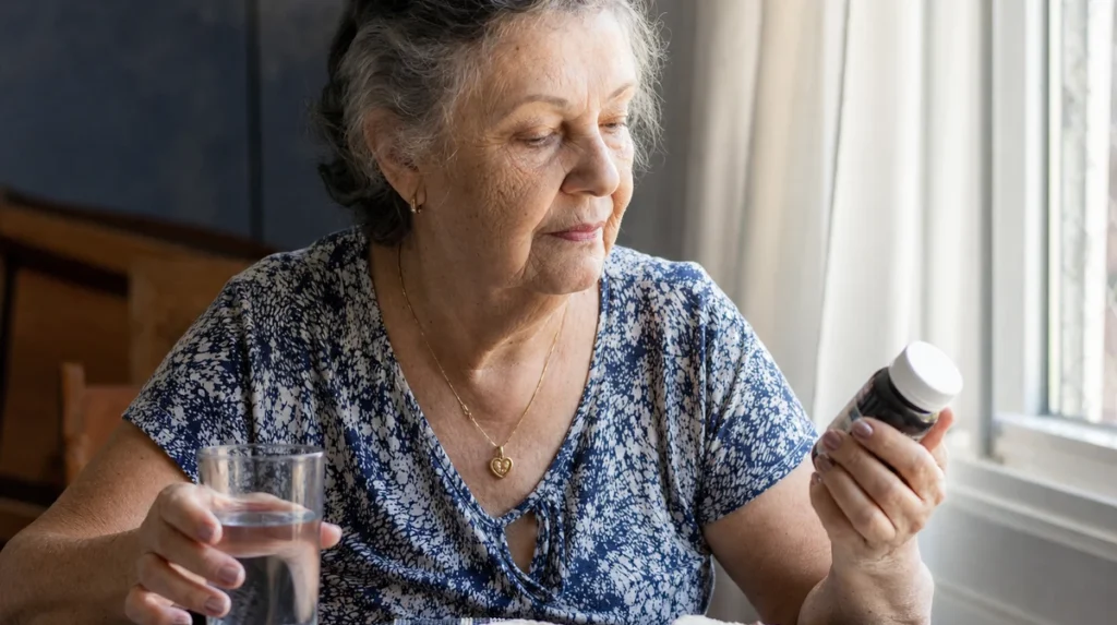 Idosa na luz da janela segurando um frasco de vitamina D e um copo de água